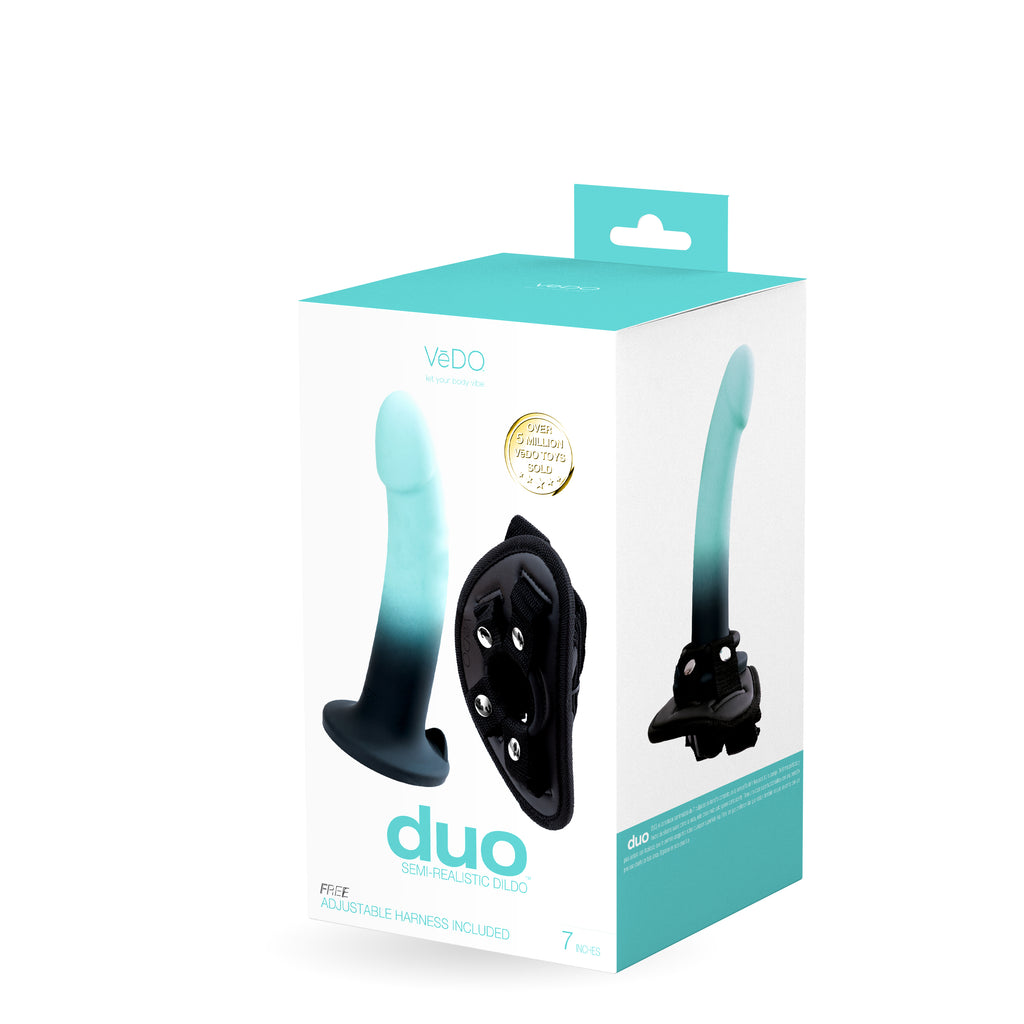 DUO SILICONE DILDO (NON VIBRATING) WITH HARNESS- TURQUOISE/BLACK - VEDO - VI-A0201