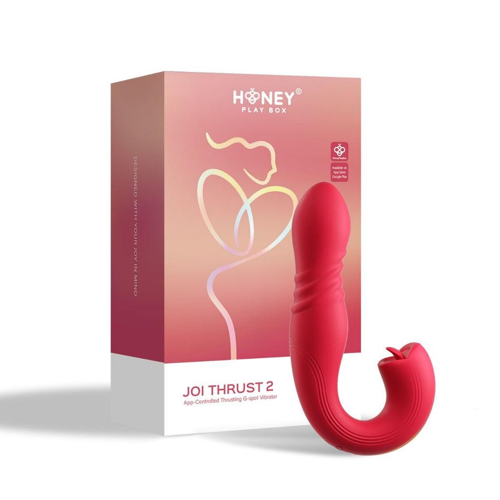 Joi Thrust 2 - App Controlled Thrusting G-spot Vibrator & Tongue Clit Licker- Red - Honey Play Box- VS-22-963RE