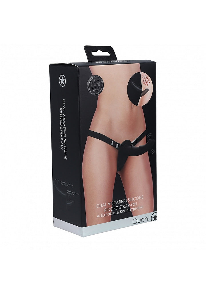 Dual Vibrating Silicone Ridged Strap-On Adjustable - Black- Shots- Ouch ( OU860BLK)