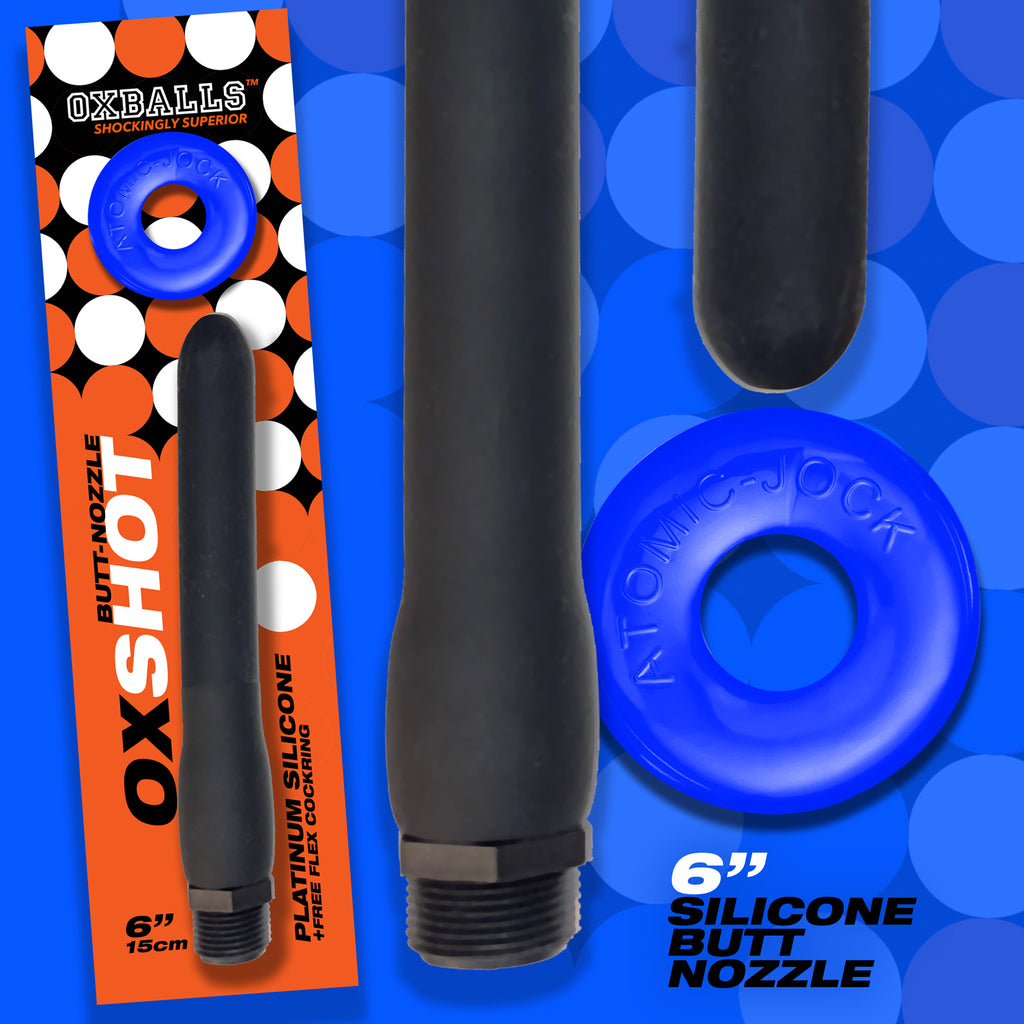 OXSHOT PLATINUM SILICONE BUTT-NOZZLE+BONUS COCKRING 6 inch ( OX-8000-6-blkblu)