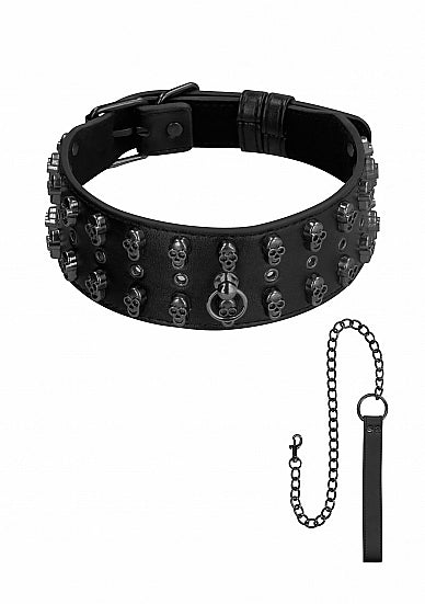 Ouch! Skulls and Bones - Neck Chain with Skulls and Leash - Black (OU300BLK)  old collection