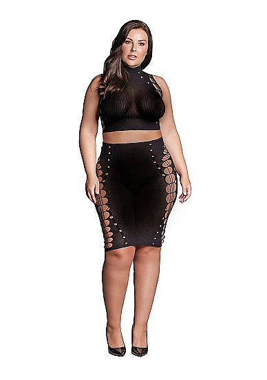 Kala XXXVII - Two Piece with Turtleneck, Crop Top and Skirt - Plus Size - Le Desir Shade (SHA005BLKOSX)