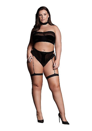 Ananke XII - Three Piece with Choker, Bandeau Top and Pantie with Garters - Plus Size - Le Desir Shade (SHA008BLKOSX)