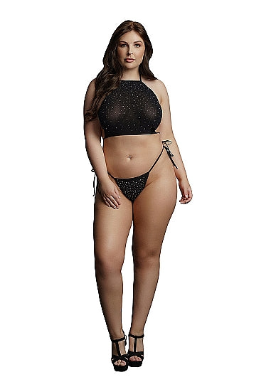 Festive Rhinestone Top And Thong- Black - Plus Size -Le Désir ( DCH001BLKOSX)